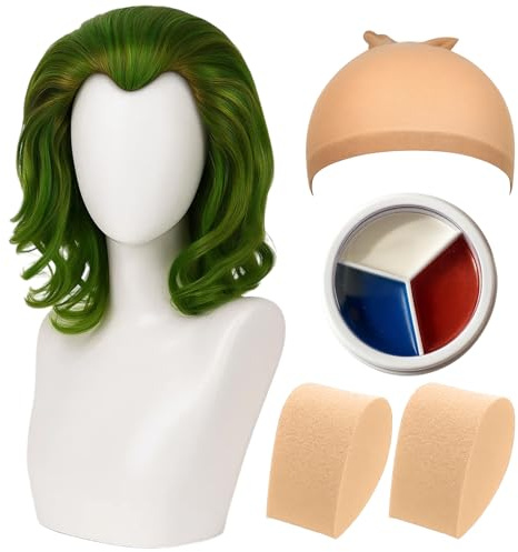 Perücke Grün für Joker, Herren Clown Kostüm Joker Kostüm Kurz Grün Perücken Locken für Halloween Fasching Karneval Kostüm Party Wig mit Clown Makeup Gesichtsfarbe