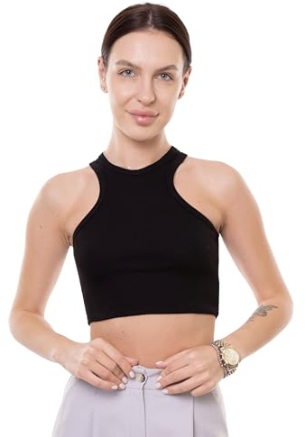 Basic cropped topp damer sommar linne magfri ärmlös kort skuren crop skjorta för kvinnor, svart, M