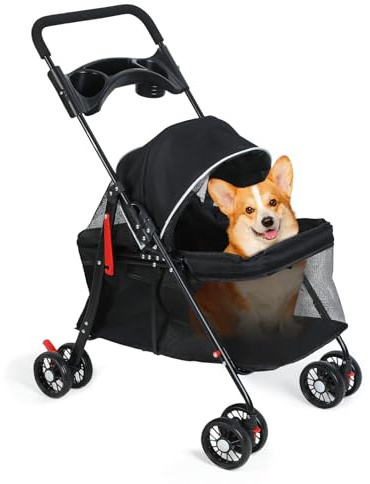 Hundebuggy Hundewagen klappbar für Hunde & Katzen, Hundebuggy bis 15kg mit Tassenhalte, Sichtbares Netz, Pet Stroller 360° drehbare Räder mit Bremsen (Schwarz)