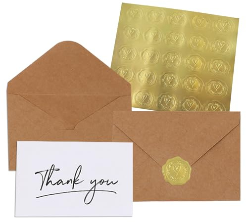 Xgvzs 20 Stück Dankeskarten mit 20 Kraftpapier-Umschlägen und 25 goldenen Herzsiegel-Aufklebern Dankeskarte für Kollegen Lehrer Familie Freunde