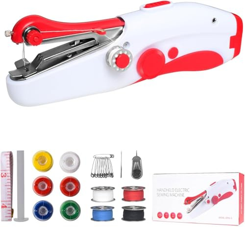Handheld Sewing Machine, Mini Portable Electric Sewing Machine for Beginners Adult, Fast Stitch Suitable for Clothes, Fabrics, DIY Home Travel (Redwhite)