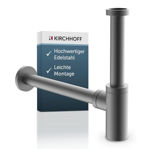 KIRCHHOFF Design Siphon, Matt Graphit Abfluss, Ablaufgarnitur für Waschbecken und Waschtisch, Geruchsverschluss mit Reinigungsöffnung, Flaschensiphon, Abflussrohr, Graphit matt, 98028104