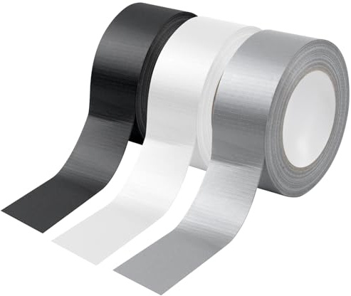 MISIQIMA 3 Pièces Ruban Adhésif Blindé, 4.8 cm × 50 m Ruban de Réparation Renforcé en Tissu, Résistant au Vent et à la Pluie Gaffer pour Réparation, Fixation et Ligature (Noir, Blanc, Gris)