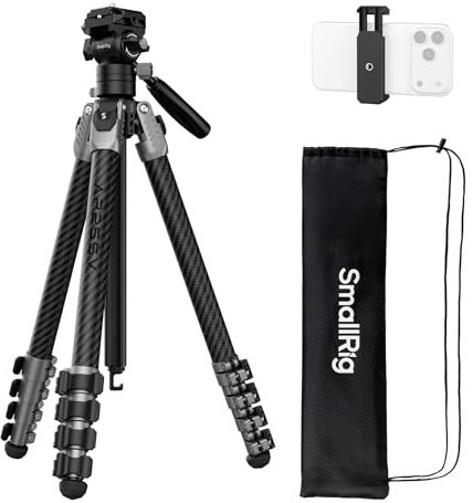 SmallRig 63 Portable Travel Tripod for iPhone and Camera, 160cm Carbon Fiber Video Tripod Stand with Compact Size 52cm/ 20.5 but 3kg Playload Fluid Head for Outdoor Photography AP255Pro