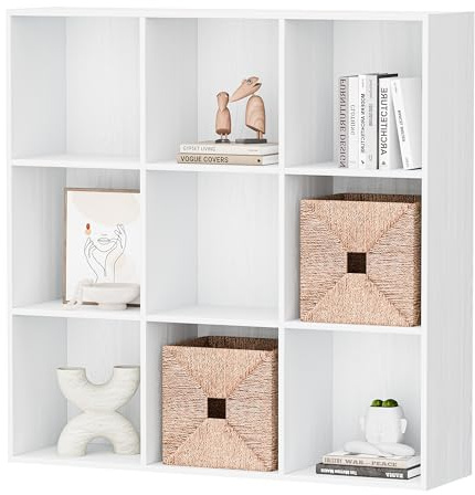 GENGKHAN Wooden Cube Storage Organizer,11in Bookcase with Closed Back Panel，Multifunctional Display Shelf for Living Room, Bedroom, Home Office (Embossed White, 9-Cube 35.98L*9.45W*35.91H)