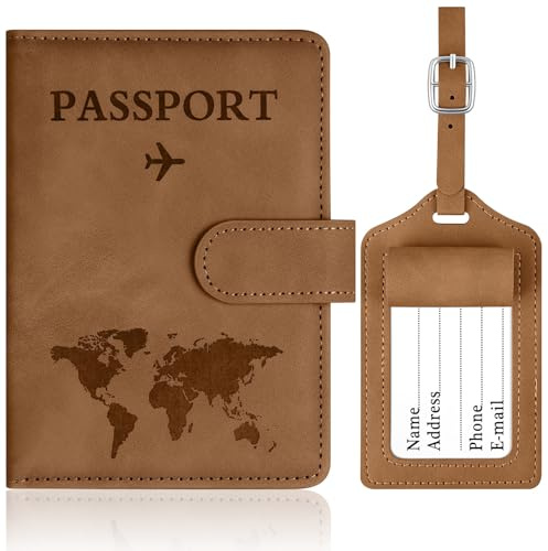 OFFCUP Custodia per Passaporto, Custodie Porta Passaporto con Blocco RFID, Custodia Passaportos con Etichetta Valigia in Pelle PU per Carte d'Identità Carte di Credito, Passaportos Pass (Marrone)