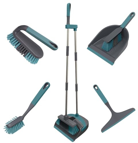 Knight All-in-one 5-Piece Household Cleaning Brush Set, Long Handle Dust Pan, Dustpan Brush, Window Squeegee, Dish Brush & Scrub Brush, Cleaning Solution For Floor, Bathroom, Home & Kitchen- Grey/Teal