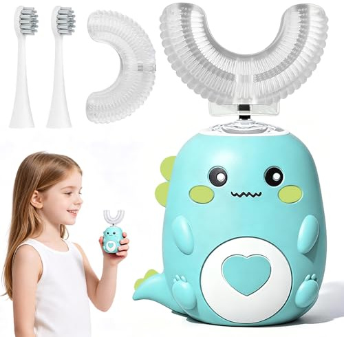 Afenau - Spazzolino elettrico per bambini, con 2 testine in silicone a forma di U e 2 testine, spazzolino elettrico per bambini da 2 a 12 anni (verde)