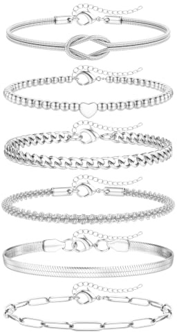 Morfetto Silver Bracelets for Women - 6 Pcs Waterproof Stainless Steel Bracelet Set Adjustable Stackable Link Chain CZ 14K Gold Plated Layered Chain Bracelet Tarnish Free Jewellery