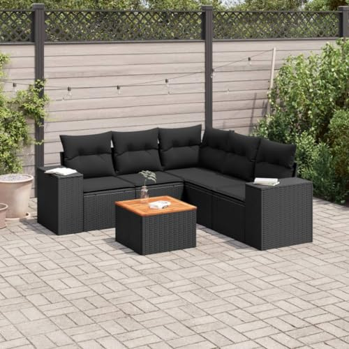 GeenYuu 6-TLG. Garten-Sofagarnitur mit Kissen Schwarz Poly Rattan wetterfestes Lounge-Set mit Stauraum und Akazienholz Tisch für Balkon Terrasse und Garten