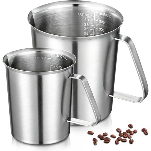 Gobelet Doseur En Acier Inoxydable: Lot De 2 Pot à Lait 500ml+1000ml, Pichet Doseur Avec Marquage Et Poignée Passe Au Lave-Vaisselle Pour Maison, Bar, Café, Cuisine, Restaurant