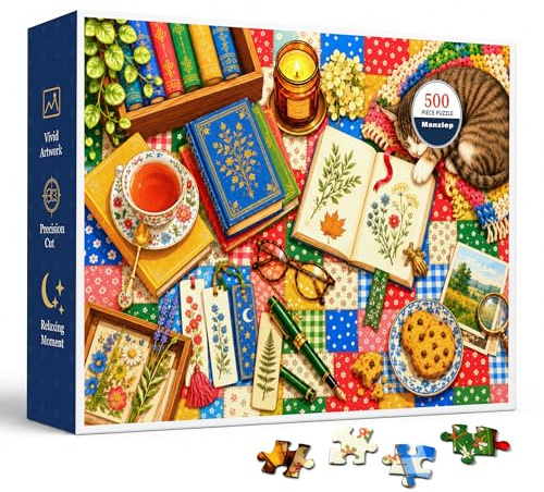 Puzzle de 500 pièces pour adultes, Cottagecore nature morte colorée avec livres, tasse à thé, journal botanique, chat endormi, bougie, cookies et patchwork matelassé, 52,1 x 38,1 cm