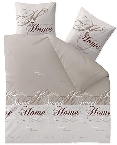 CelinaTex Touchme Biber Bettwäsche 200 x 220 cm 3teilig Baumwolle Bettbezug, Set, Bettgarnitur für Sommer und Winter, ganzjährig, pflegeleicht, Sarah Wörter beige braun weiß