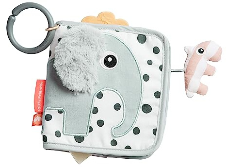 Done by Deer Activity Buch Elphee Grau - Baby Stoffbuch für sensorische Erkundung und visuelle Stimulation - Kontrastbuch für Neugeborene Babys mit beißring - Aktivitätsspielzeug Baby ab 3 Monaten