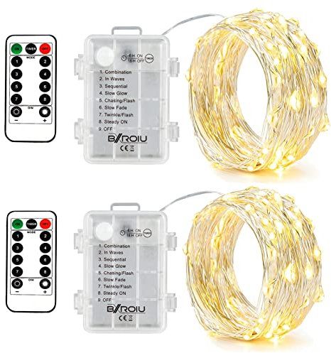 BXROIU 2 x50Leds Silbernedraht Micro LED Lichterkette Batteriebetrieb 8 Programm (Warm weiß), 2 Stück (1er Pack)