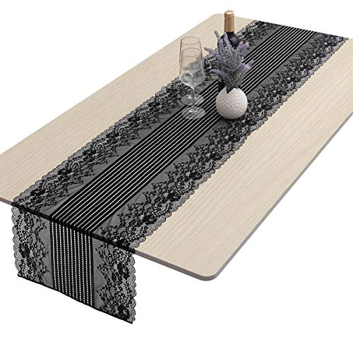 mookaitedecor Rechteckiger Tischläufer Spitze mit Stickmuster Deckchen | 87x39 cm Schwarz Tischläufer Modern, Pflegeleichte Waschbare Tischdecke, für Hochzeit Party Tischdeko
