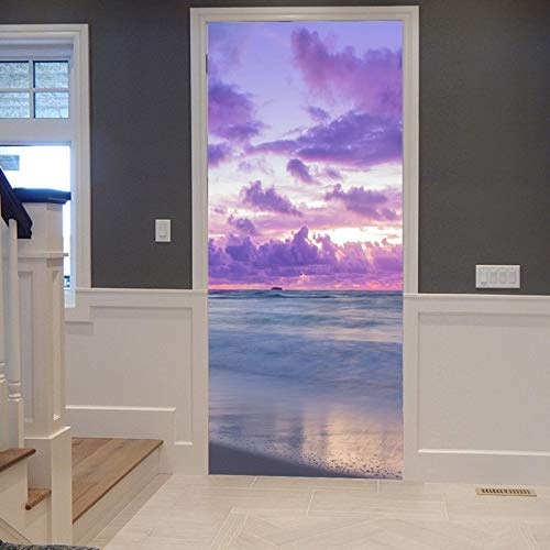 A.Monamour Türtapete Selbstklebend Türfolie Türposter 3D Lila Wolken Im Himmel Sonnenuntergang Am Meer Strand Landschaft Natur Vinyl Folie Türdeko Tapete Wandbild Türaufkleber Türtattoo 90 x 200 cm