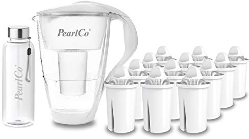 perlopur® Glas-Wasserfilter (weiß) +12 Kart. Universal +Glas-Trinkfl. | Borosilikatglas, 2 l gesamt, 1 l gefiltert, LED-Anzeige, für classic Kartuschen, reduziert Kalk, Chlor & andere Schadstoffe