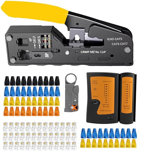 MAYLINE RJ45 RJ11 RJ12 Crimp Tool Pass Through Crimper with 50pcs Connetors and 50pcs Covers Cable Tester Cutter Set, Network Multi-Function Cable Crimping Tool(Yellow)