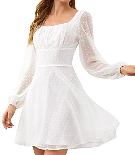 Masrin Abito da skater, da donna, elegante, alla moda, tinta unita, jacquard, in chiffon, con colletto quadrato e maniche lunghe, a vita alta e patchwork