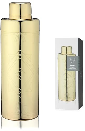 Viski Art Deco - Coctelera dorada, coctelera grabada de acero inoxidable de 24 onzas con colador y acabado dorado