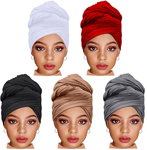 ZRQ 5 Pieces Headwraps for Women Stretch Jersey Turbans Scarf Soft Urban Hijab Solid Color Multicolor Combination African Headwear Fashion Headband (Black,Camel,Bright Burgundy,White,Dark Grey)