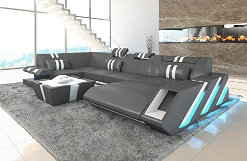 Sofa Apollonia U Form Wohnlandschaft Leder Couch mit LED Ledersofa mit Ottomane (Ottomane rechts, Grau-Weiß)