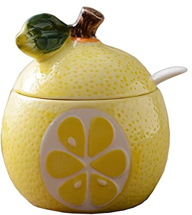 Bicuzat Zuckerdose aus Keramik, Obstform, Gewürzglas, Salz, Pfeffer, Vorratsdose mit Deckel und Löffel, Zitrone