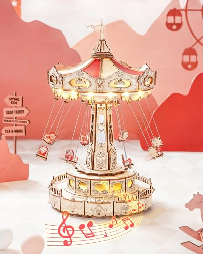 ROKR 3D Puzzles Wooden Music Box Kit with LED, Rotating Swing Ride Mechanical Model Kit DIY Wood Craft Hobbies Kit for Adults Birthday for Adults