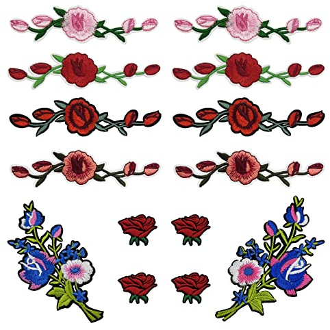 Woohome 14 st ros blomma strykjärn på lappar, 4 färger sömnad på broderade lappar, lapp broderad stryk på applikationslapp för hantverk, sömnad, kläder, ryggsäck, kepsar