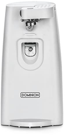 Dominion Tall Electric Can Opener, Easy Push Down Lever, Knife Sharpener, Bottle Opener & Built-In Cord Storage, Opens All Standard-Size and Pop-Top Cans, Easy to Clean, White