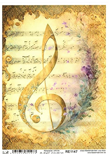 Josys Bastelmärchen Reispapier A4 Strohseide Decoupage Noten Damast Gold Vintage Musik Blumen RE1147