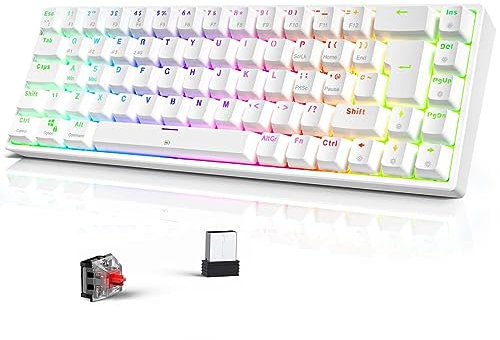 TECURS Wireless Mechanical Gaming Keyboard RGB UK Layout TKL 65% Rollover Anti-ghosting Bluetooth / 2.4G Keyboard Red Switch for PC Gamer/iPad/ PS4/Android, White
