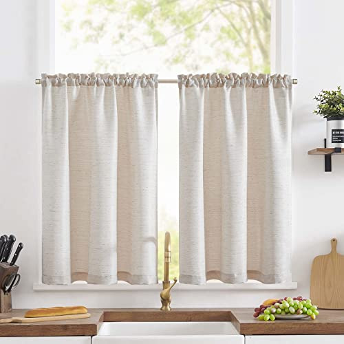 TOPICK Scheibengardine Leinenoptik Bistrogardine 2er Set 60Hx90B cm Uni Kurzer Küche Vorhänge Gewebe Gitter Lichtdurchlässig Paarig Schals für Wohnzimmer Landhaus Kleine Fenster Beige