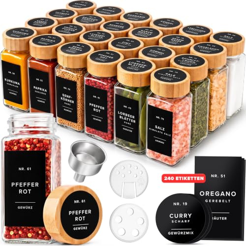 EDELHAUS Gewürzgläser Eckig Set mit Holzdeckel 24x120ml, 240 Etiketten | Luftdichte Gewürzbehälter mit Streueinsatz, 240 Etiketten Schwarz, Gewürzdosen, Gewürz Organizer Schublade, Trichter & Bürste