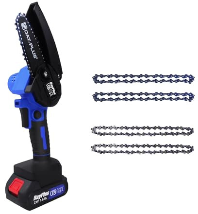 Mini Motosierra Bateria, Motosierra Sin Cable de 4 & 6 Pulgadas con 1 Baterías y 4 Cadenas, Motosierra Eléctrica Portátil de 21V con Una Sola Mano para Podar Jardinería