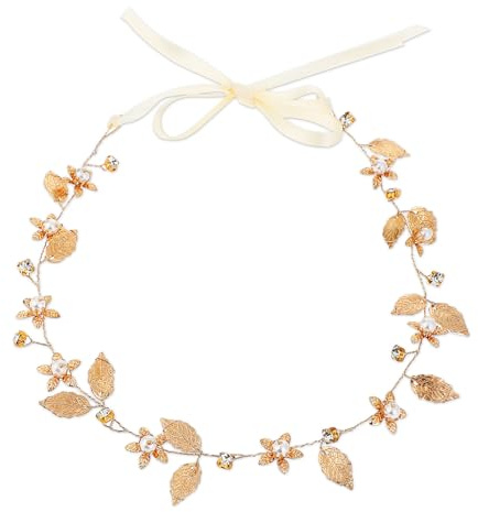Gold Kopfschmuck Haarreif für Braut - Blattgoldenes Stirnband mit Haar Rebe Kranz für Hochzeit und Brautjungfer