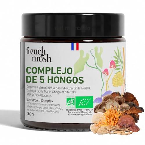 Complexe 5 Champignons Bio en Poudre Vegan - Lion's Mane, Reishi, Cordyceps, Shiitake, Chaga - Digestion, Bien-Être - 1 Gramme Par Jour - Testé en Laboratoire - Fabriqué en France