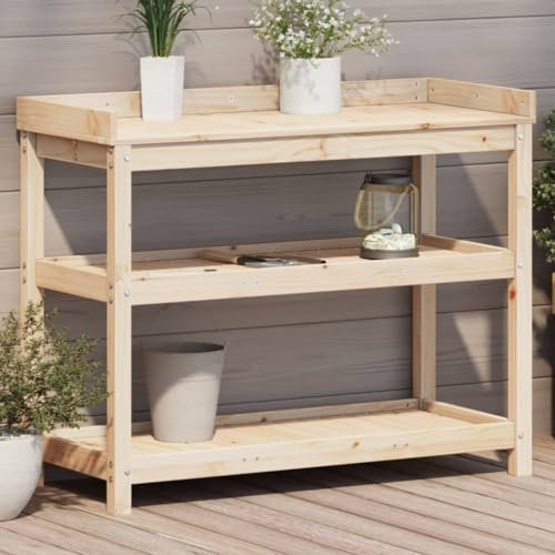 Home Items, Pflanztisch mit Ablagen, 108 x 45 x 86,5 cm, Kiefer massiv, Anzugmöbel