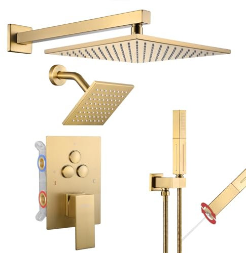 VANFOXLE Shower Faucet Set Brushed Gold Shower System,Push Button Diverter Shower Faucet with 2 in 1 Handheld, Wall Mount Increased Thickness 10 Inch Shower Head with 6 Inch Shower Head