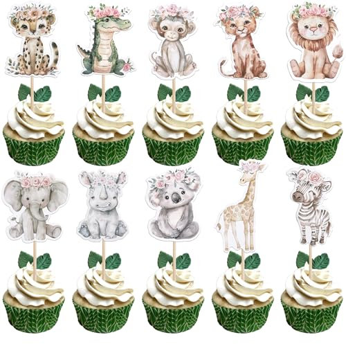 Xsstarmi 40 Pack Jungle Animals Cupcake Toppers Double Sided Printing Koala Elephant Lion Cupcake Picks Crocodile Monkey Baby Animals Cake Decorations for Baby Shower Birthday Party Supplies