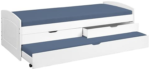 Inter Link - Funktionsbett 90x200 - mit Stauraum - Kinderbett - Jugendbett - Bett mit Schubladen - Massivholzbett - 2 Schubladen - 1 Schubkasten weiß - Massivholz - Ried