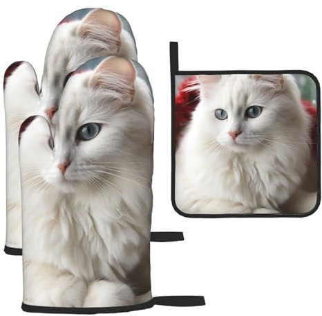 Lot de 3 gants de cuisine et maniques résistants à la chaleur de 260 °C - Gants de cuisine et coussinets chauds - Motif chat blanc mignon - Maniques pour cuisson au barbecue