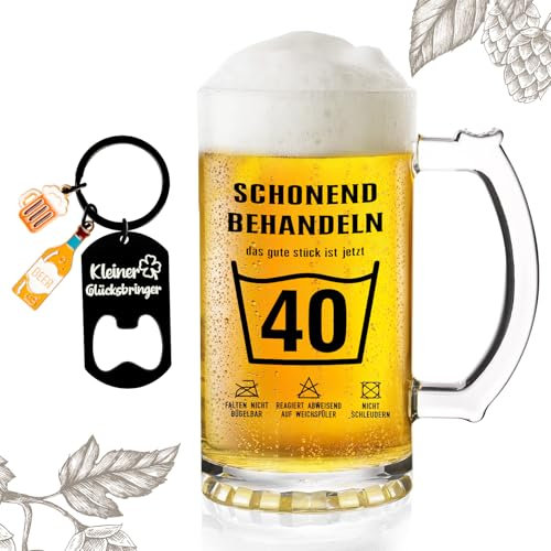 TUZELIYA „Schonend Behandeln – 40“ Bierglas – Lustiges 40. Geburtstag Geschenk für Männer & Frauen – Hochwertiger 0,5L Bierkrug ohne Blasen + Schlüsselanhänger mit Flaschenöffner – Geschenk mit Humor