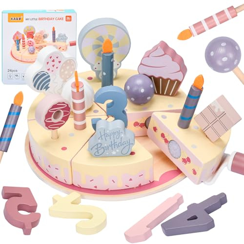 XULIERUX Jeu De Gâteau d'anniversaire en Bois, Jeux De Cuisine pour Enfants, Accessoires De Cuisine Séparables Et Combinables, Jouet en Bois pour Filles Et Garçons À Partir De 2 Ans