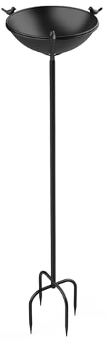 EFUTURETIME Abbeveratoio per Uccelli da Giardino in Metallo con Supporto φ 26 × 109 cm Vaschetta per Uccelli Vassoio Regolabile in Altezza con 3 Sculture di Uccelli per Esterno Balcone, Nero