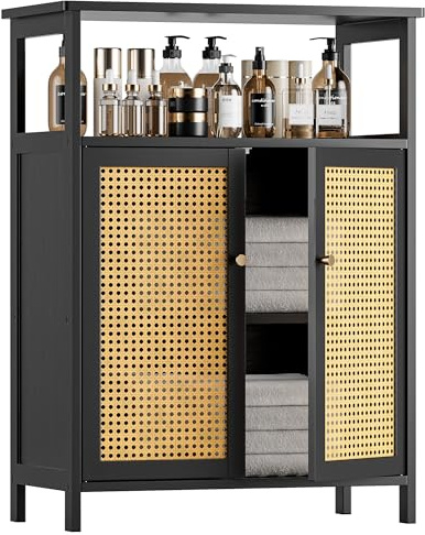 HITNET Rattan Badezimmerschrank Schwarz mit Doppeltür und Offenen Fächern | Bambus Badschrank, Badezimmer Aufbewahrungsschrank Freistehend Bodenschrank Platzsparend für Küche Wohnzimmer Esszimmer