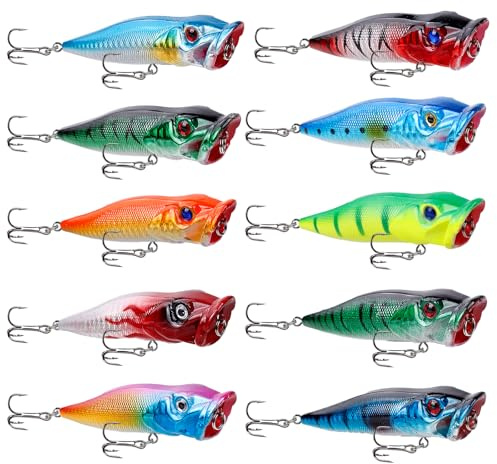Balifly Topwater Popper Angelköder mit Rasselkugel-Crankbait FS/YE-13 | für Barsch, Forelle, Zander, Salzwasser, Süßwasser, gemischte Farben, 3,54 Zoll/0,42 oz, 10 Stück