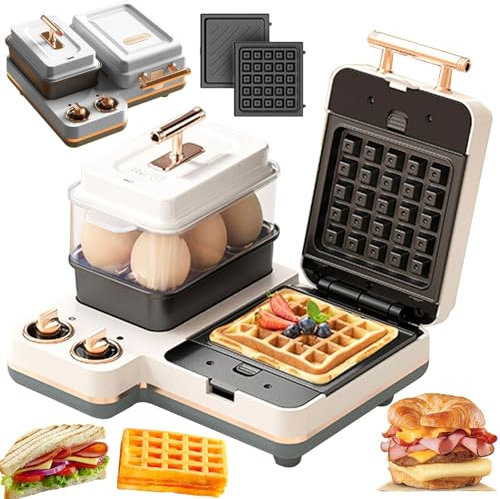 1200W Electric Egg Boiler 6 In 1 with Removable Sandwich & Waffle Plates, 1.2L Boiling Pan, Double Knob Control, Non-Stick Waffle Maker