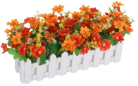 Hemobllo Piante Artificiali da Esterno Crisantemo Finto in Vaso con Design a Recinzione, Materiale Legno e Plastico, Prearrangiate a Bassa Manutenzione per Portico e Giardino